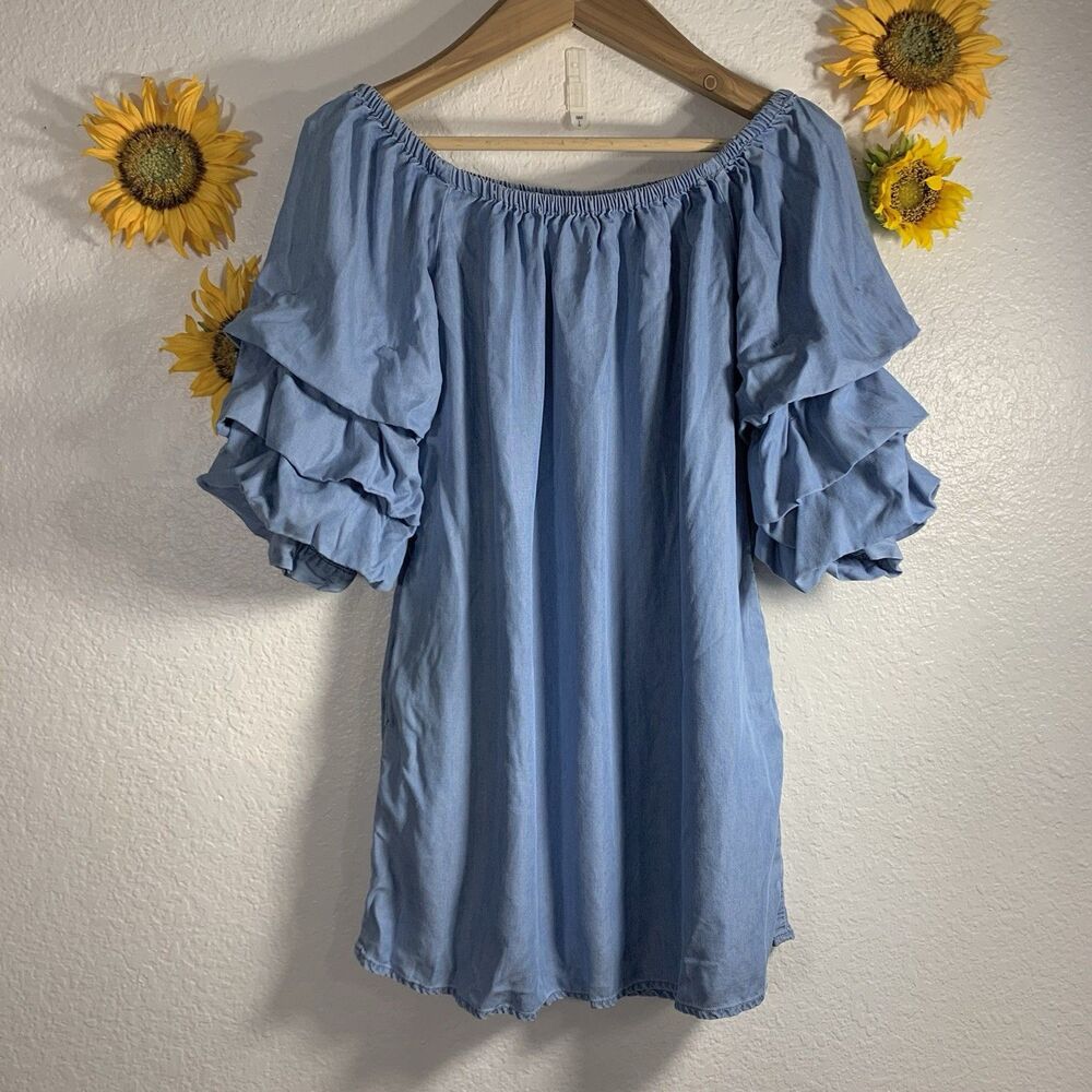 Zara Woman Blue Denim Ruffle Tiered Sleeve Short Off The Shoulder Dress Size XS - Picture 2 of 9